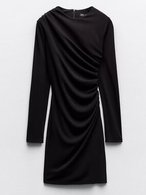 Zara Black Ruched Long-Sleeve Mini Dress